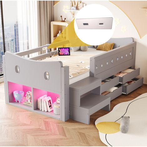 Letto bambino 90 x 200 cm con contenitori, 4 cassetti, LED, USB e Type-C, grigio DESVIAE (1/5)