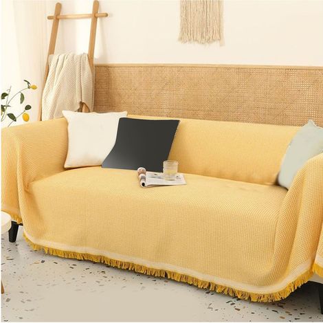 Housse de Canapé Universelle Antidérapante en Coton Doux 90x90 cm Protection Anti-Poussière et Rayures Blanc Jaune (1/5)