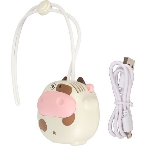 Ventilateur de cou rechargeable USB sans pales, forme de vache cartoon, avec cordon réglable pour extérieur, couleur beige. (1/5)