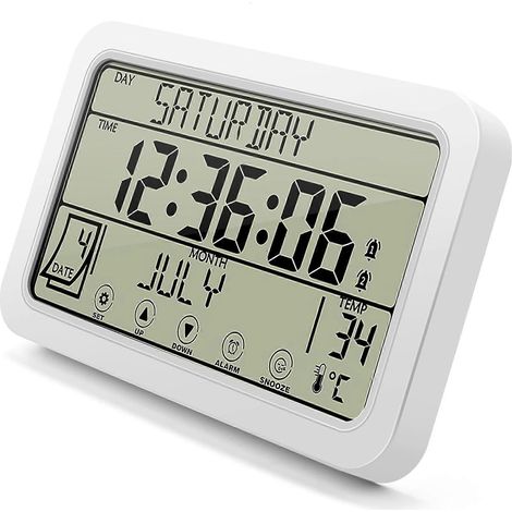 Horloge murale numérique, horloge numérique à piles, horloge de bureau 20 cm (8 pouces) avec affichage de la température, de l'humidité, du jour et de la date pour la maison ou le bureau. (1/5)