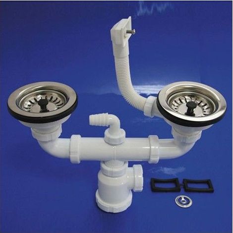 Wolfpack – Siphon de douche double avec trop-plein T-44CR 1 1/2 – Vanne à panier – Permet deux sorties de vidange – Pour chantiers humides
