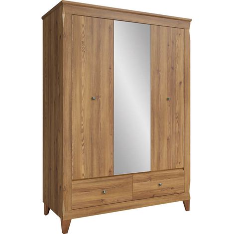 Armoire à 3 portes avec miroir et 2 tiroirs soft-close coloris Mélèze doré - Longueur 144 x Profondeur 63 x Hauteur 202 cm (1/5)