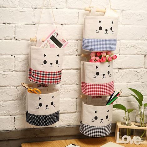 Lot de 5 sacs de rangement suspendus élégants, paniers de rangement imperméables en coton et jute, sacs organisateurs pour chambre, salle de bain et cuisine UU (1/5)