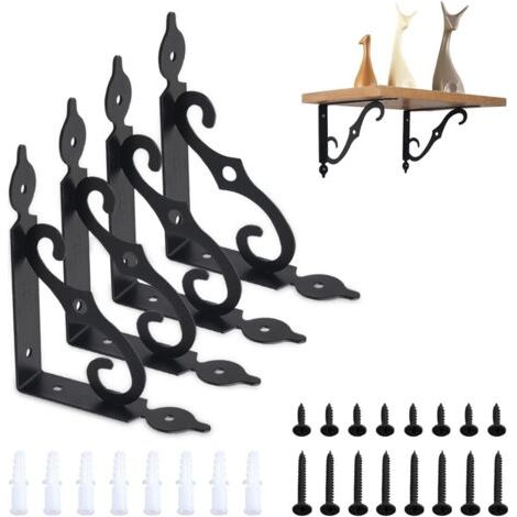 Lot de 4 supports d'étagère, 14 cm x 11 cm, supports muraux pour garage, cuisine, chambre (noir) (1/5)