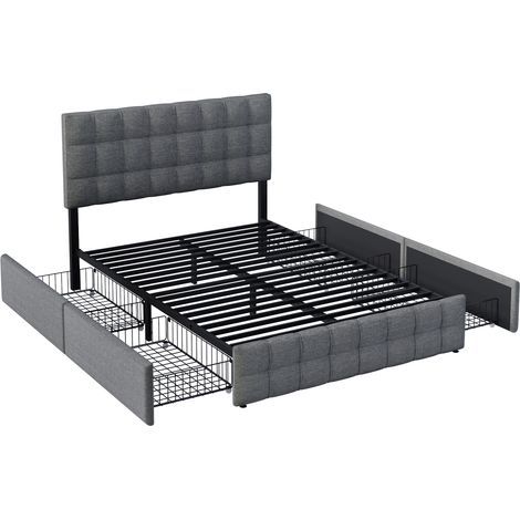 Cama doble tapizada de 140 x 200 cm, con cabecero regulable en altura y cuatro cajones, con canapé y somier, apta para adolescentes y adultos (sin colchón). (1/5)