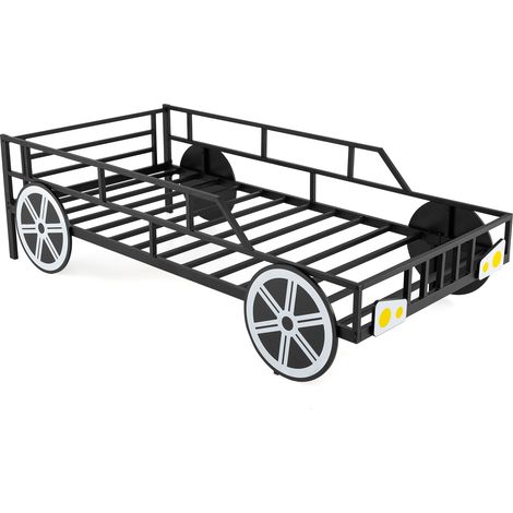 COSTWAY Single Size Metal Car-Shaped Platform Bed Kid’s Bed Frame-Black (1/5)