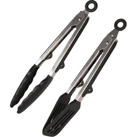 2 pinces cuisine silicone, 22,9 cm pince alimentaire + pince spatule, résistantes chaleur 250 °C, idéales pour service, camping et pique-nique (1/5)
