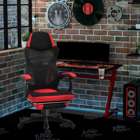 Silla gaming de oficina 58x63x112-122 cm de poliéster negro y rojo ajustable FloraGrace (1/5)
