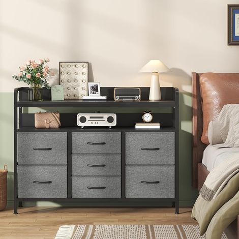 Commode à 6 tiroirs en tissu, portes grillagées et compartiment de rangement, boîtes en tissu et structure métallique, pour chambre, dressing, entrée et salon, gris foncé (1/5)