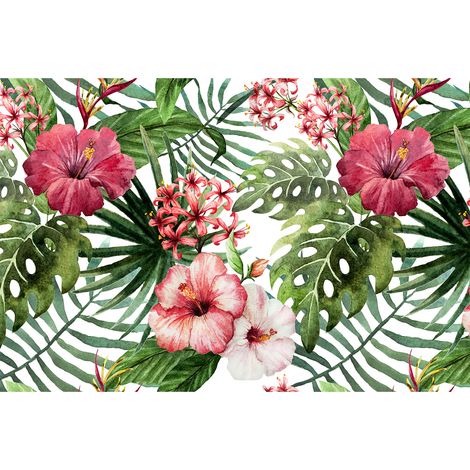 Papier peint panoramique exotique vert, blanc & rose | Tapisserie panoramique fleurie tropicale chambre | Papier peint panoramique pour cage d'escalier - 267 x 400 cm (4 pièces) (1/2)