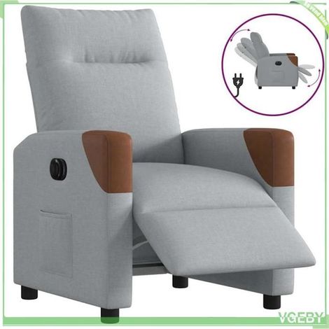 Fauteuil inclinable électrique - 3323990 - Tissu gris clair et marron - Inclinable 135° (moteur) - Cadre bois et métal (1/5)
