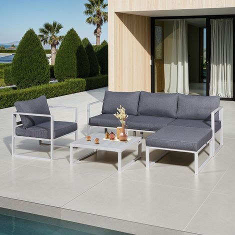 M&S – Salon de jardin en aluminium 4 places – Structure robuste – Coussins déhoussables et déperlants – Table basse rectangulaire 75x71x29 cm