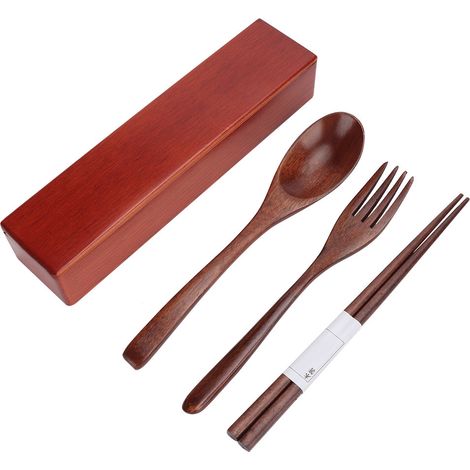 Ensemble de cuillère, fourchette et baguettes en bois pour la salle à manger, vaisselle et couverts de cuisine avec boîte de rangement (1/5)