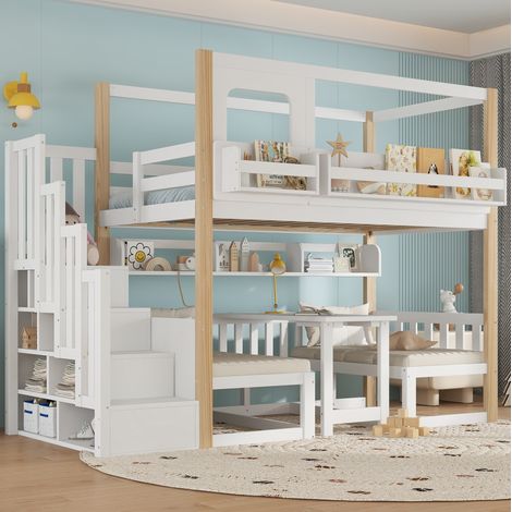 Lit superposé enfant avec bureau rabattable, escalier de rangement, 90x200 cm, blanc naturel