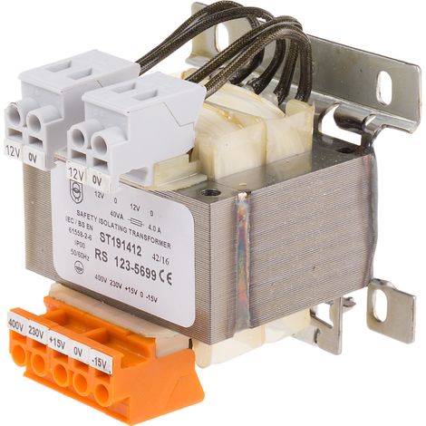 Transformateur d'isolement, Vin 15 400V c.a., Vout 2 x 12V c.a., 40VA ( Prix pour 1 ) (1/2)