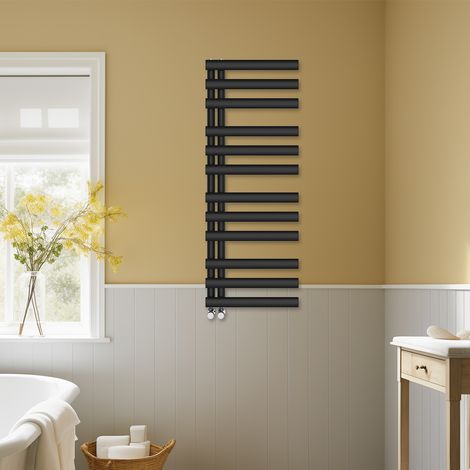 Designer Oval Column Heated Towel Rail Bathroom Ladder Radiator Vertical Rads 1200x450mm Black (1/5)