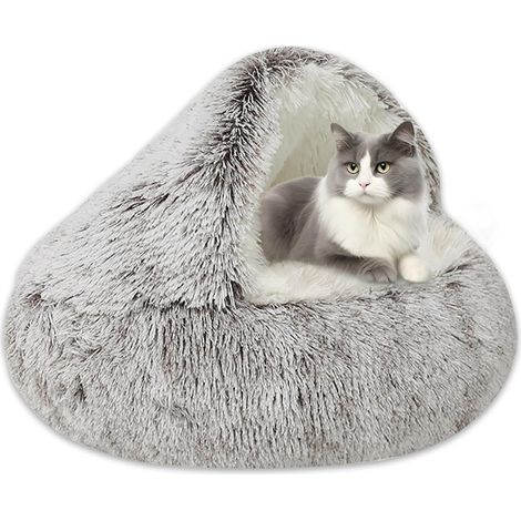 Lit pour chat et petit chien - Housse en peluche - Auto-chauffant - Doux et apaisant - Avec dessous antidérapant - Lavable en machine (dégradé de marron)