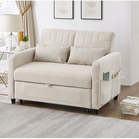 Schlafsofa 166x95 cm Beige aus Baumwoll-Leinen mit Ausziehfunktion und 3-fach verstellbarer Rückenlehne (1/5)