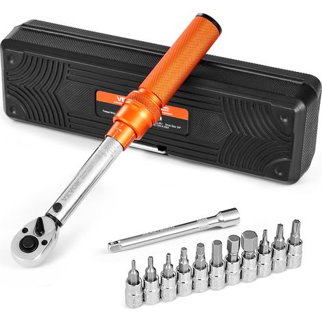 VEVOR Juego de Llaves Dinamometricas de Clic Accionamiento de 1/4" 2,3-22,6 Nm 72 Dientes Escalas de Doble Dirección y Doble Rango con Vasos para Puntas y Barra de Extensión, Color Naranja