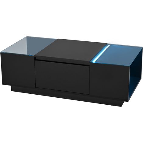Table basse moderne 105 cm rangement LED ambiance plateau verre 2 tiroirs minimaliste (1/5)
