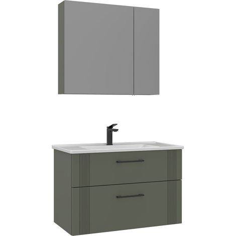 Waschtisch-Set mit Spiegel (2-teilig) "Bari 85 v2" – 85 x 45 x 55 cm – Mattgrün (1/3)