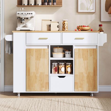 Îlot de cuisine mobile avec plan de travail rabattable, chariot de cuisine et armoire de rangement comprenant une étagère à épices à 3 niveaux, 3 grands tiroirs et des roulettes blocables, 120 × 45(71 (1/5)