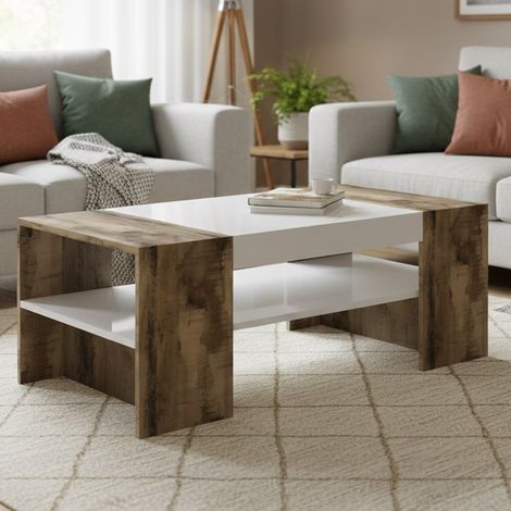 Dmora - Mesa de café Dfort, Mesita baja, Revistero, 100% Made in Italy, cm 110x60h40, Blanco brillo y Arce (1/3)