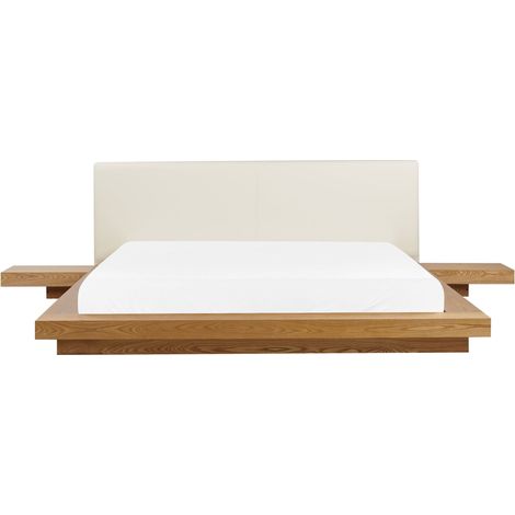 Lit Double Japonais 180 x 200 cm en MDF Bois Foncé Marron à Tables de Chevet Zen