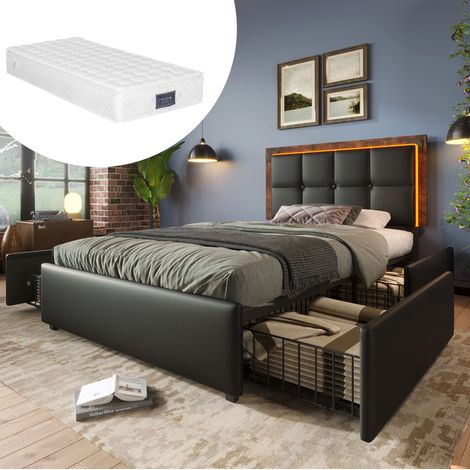 Lit simple rembourré PU noir 90x200 cm avec LED, 4 tiroirs, tête de lit réglable et matelas inclus (1/5)