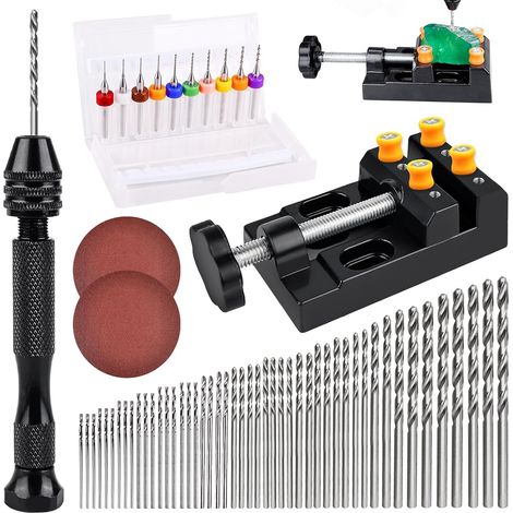 62 Pièces Perceuse à Main Twist Drill Bits Mini Perceuse à Main de Precision Aluminum Mandrin Sans Clé Foret Fraise Twist et Étau Plat Pour Bricolage Forage (1/5)