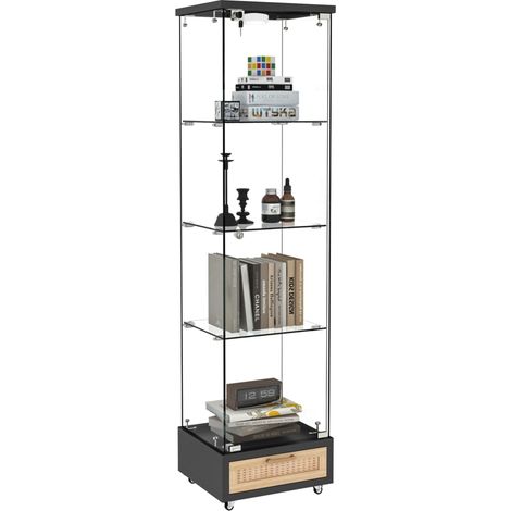 Vitrine en verre LED avec tiroirs, compartiments fermés à clé, 4 niveaux, roulettes freinées, design noir spacieux pour salon, bureau et chambre - CHICFURN (1/5)