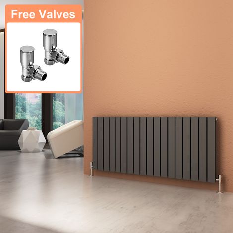 ELEGANT Anthracite Horizontal Radiator Double Flat Panel 600x1368mm Designer Heater with Angled Radiator Valves (1/5)
