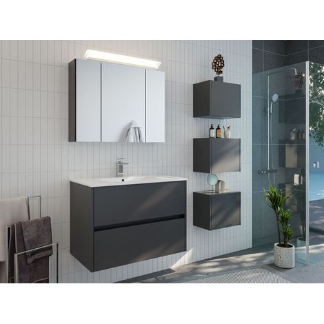 Badmöbelset Taifun 80cm 3tlg mit Spiegelschrank und 3er Boxen Set grafit