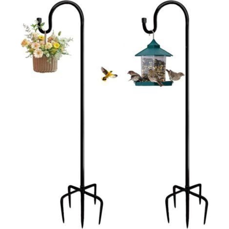 Lot de 2 crochets de berger réglables en hauteur - Résistants à la rouille - 96 cm - Crochets de jardin avec base à 5 griffes pour panier à fleurs, mangeoire à oiseaux, décoration de - Noir