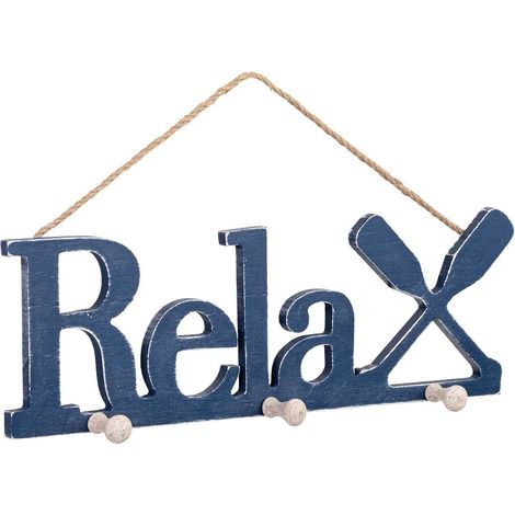 Percha de pared de madera con 3 ganchos azul 38x4.5x24 cm