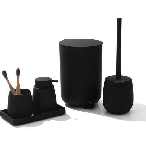 Lot de 5 Accessoires de Salle de Bain Noirs avec Petite Poubelle, Porte-Brosse à Dents, Distributeur de Savon, Coiffeuse, Brosse WC et Support (1/5)