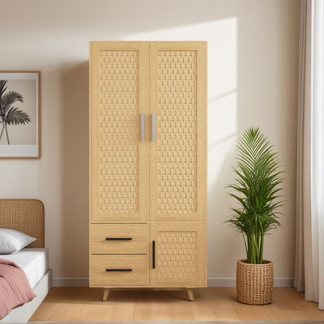 BLANKETSWARM - Armoire de Chambre en rotin, Armoire avec Tiroirs et Penderie, Garde-robe Design Cannage Rotin, 2 Portes et 2 Tiroirs, 80x52x166 cm - Chêne (1/5)