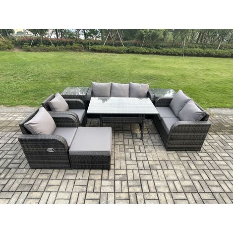 Fimous Dark Grey PE Wicker Rattan Garden Furniture Set Reclining Chair Love Sofa 2 Seater Sofa Set Outdoor Rectangular Dining Table Big Footstool 2 Side Tables 8 Seater