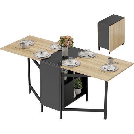 Table pliante, table à manger, table d'appoint, chêne, structure en métal, cuisine, salon, couleur bois foncé + noir (1/5)