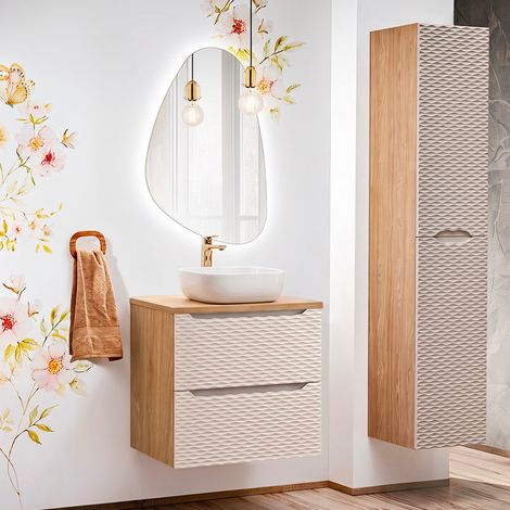 Conjunto de muebles con lavabo individual 60cm y columna Elora Beige y madera (1/5)