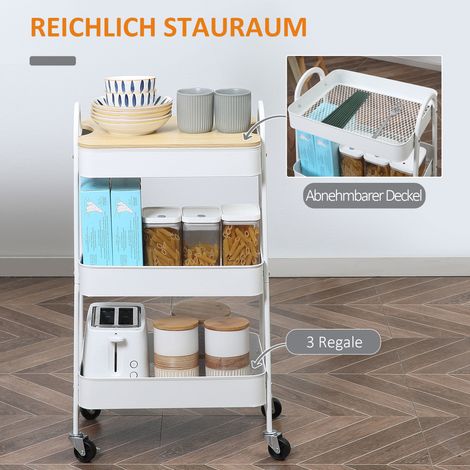 Chariot roulant 3 étagères HOMCOM, desserte de cuisine à roulettes avec poignée, étagère avec panier et couvercle, meuble polyvalent pour cuisine, bureau et salle de bain, blanc (1/4)