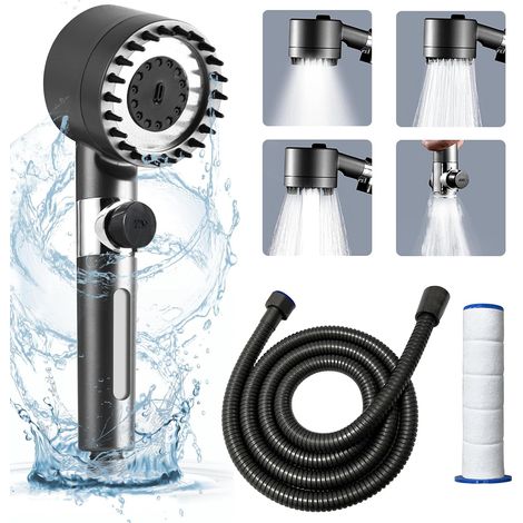 Pommeau de douche, pommeau de douche économique, douchette haute pression avec flexible de 1,5 m et 2 filtres, 3 types de jets, pommeau de douche massant, douche effet pluie économique (1/5)