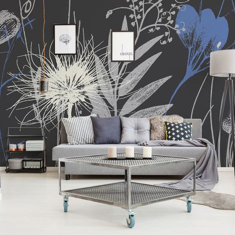 Papier peint intissé champêtre, motif fleurs et herbes hautes, bleu et gris, 250x270cm - Idéal pour décorer votre intérieur. (1/2)