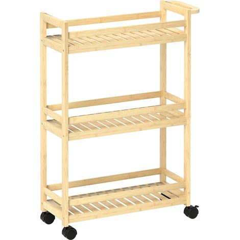 Carro de servicio de bambú de 3 niveles con ruedas y asa 55 x 20 x 75 cm (1/5)