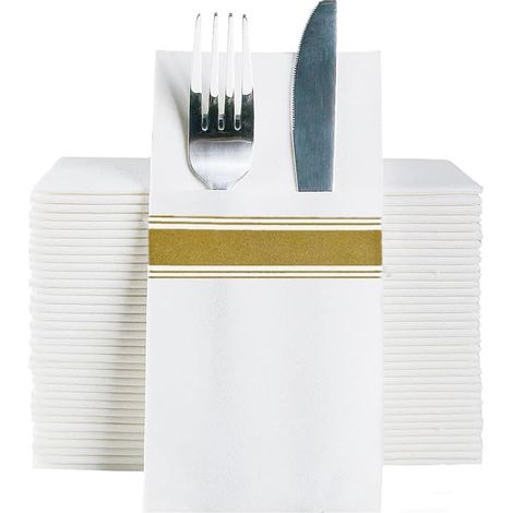 Lot de 50 serviettes de table dorées en tissu avec poche intégrée, toucher lin, blanc, 40,6 x 40,6 cm (1/5)