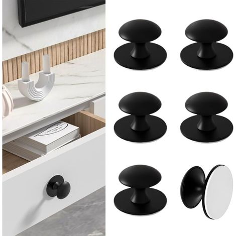 Set of 6 Self-Adhesive Cabinet Knobs - Black - Stainless Steel Self-Adhesive Cabinet Knobs - Stick-on Knob for Drawers, Shower Doors, Mirror Cabinets, Glass Doors, Handles (1/5)