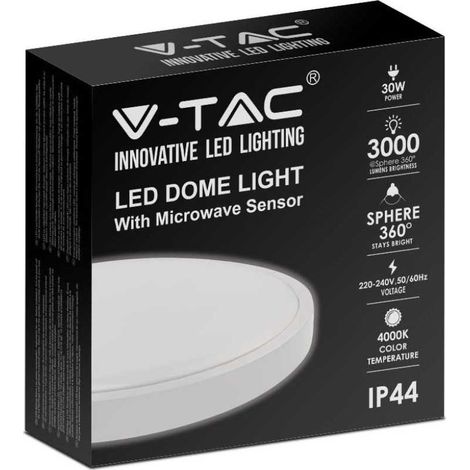 V-TAC VT-8630S-W-RD plafonnier led 30W micro-onde intégré détecteur de mouvement IP44 rond blanc 360° 4000K - sku 7665