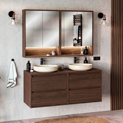 Doppelwaschbecken-Waschtischset 120cm und Spiegelschränke Edmé Dunkles Holz (1/5)