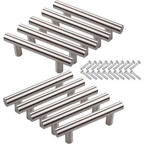 10 Stück Schranktürgriffe mit 64 mm Achsabstand und T-förmigen, gebürsteten Hohlschrauben aus Edelstahl für Küchenmöbel, Schränke und Schubladen (1/4)