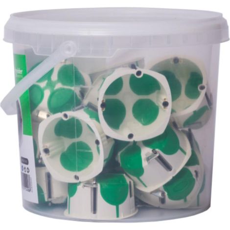 Schneider – Lot de 22 boîtes d'encastrement Ø67mm prof. 40mm – IP44 étanche – Membranes souples pour passage câbles – Seau plastique pratique